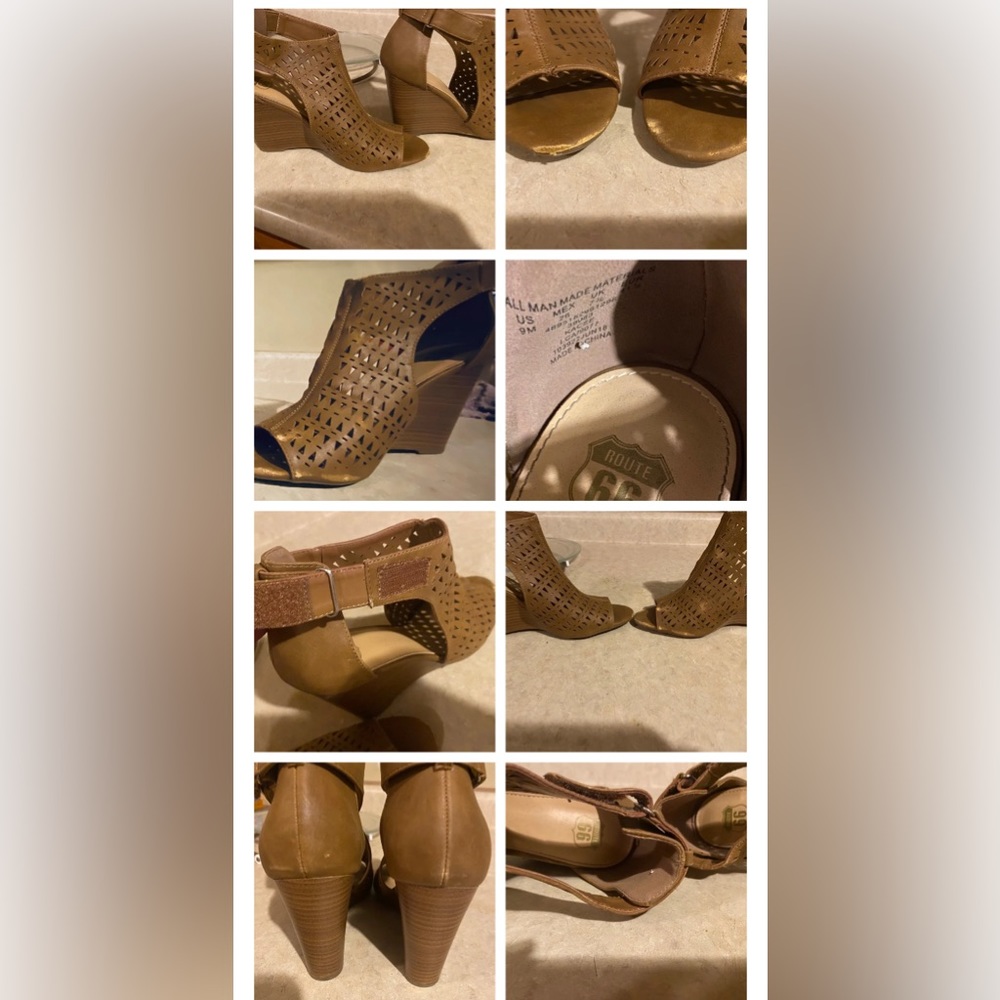 Route 66 Size 9 M  brown wedge open toe shoe. Preowned